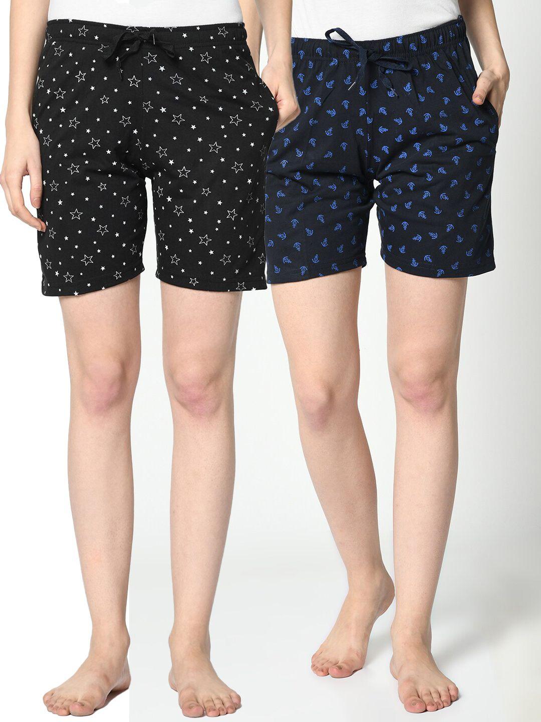 vimal jonney women black & navy blue pack of 2 printed cotton lounge shorts