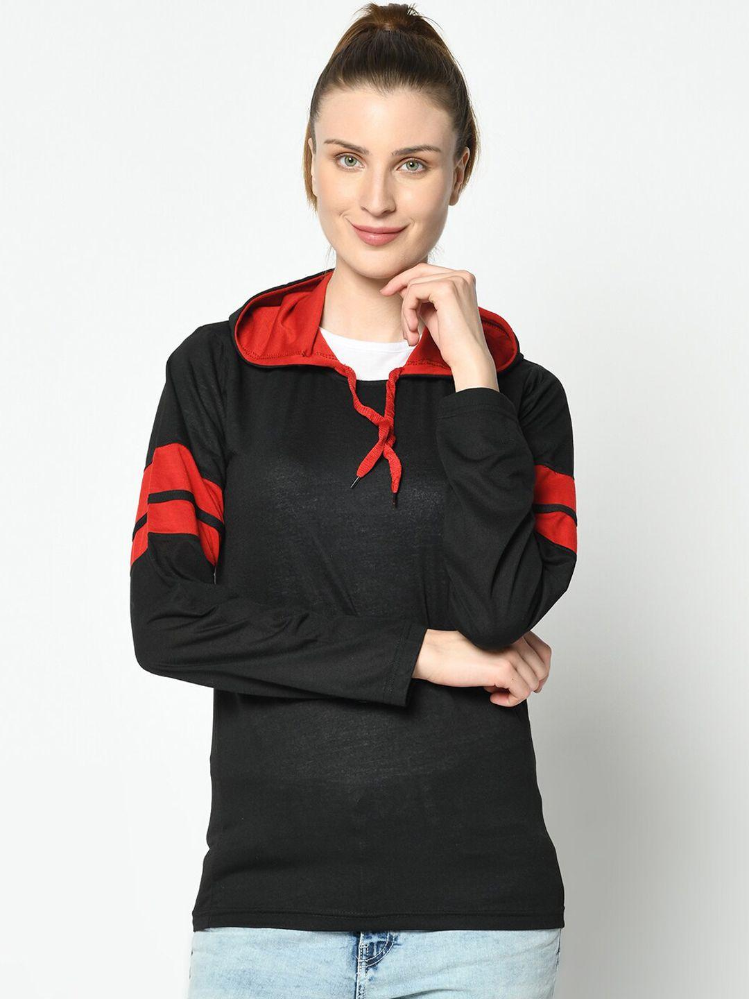 vimal jonney women black & red solid t-shirt with hood
