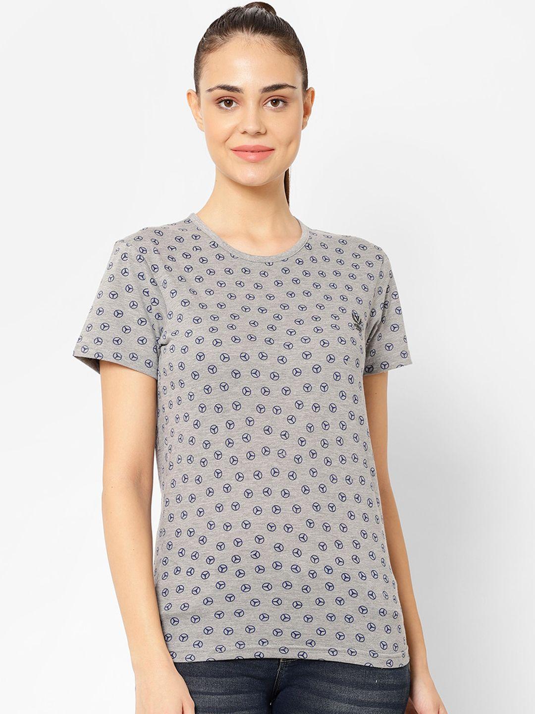 vimal jonney women grey melange & navy blue printed round neck t-shirt