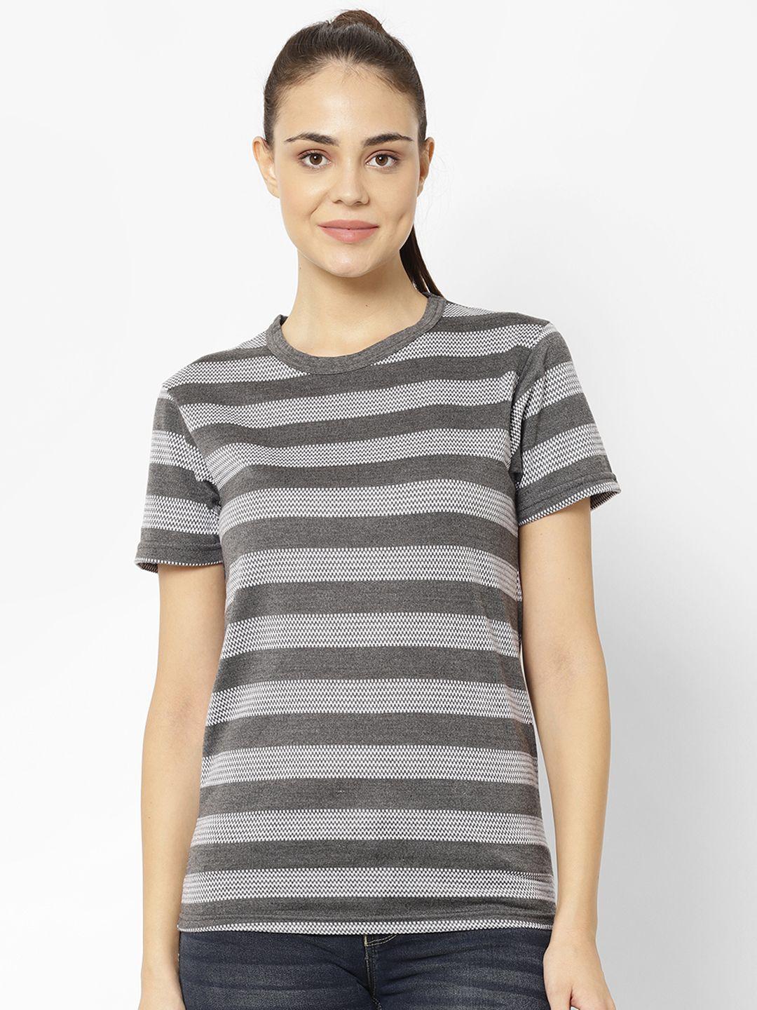 vimal jonney women grey melange striped round neck t-shirt