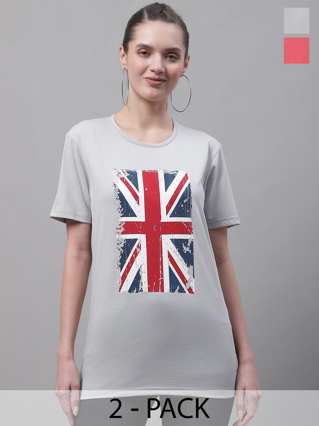 vimal jonney women multicoloured 2 printed drop-shoulder sleeves pockets t-shirt