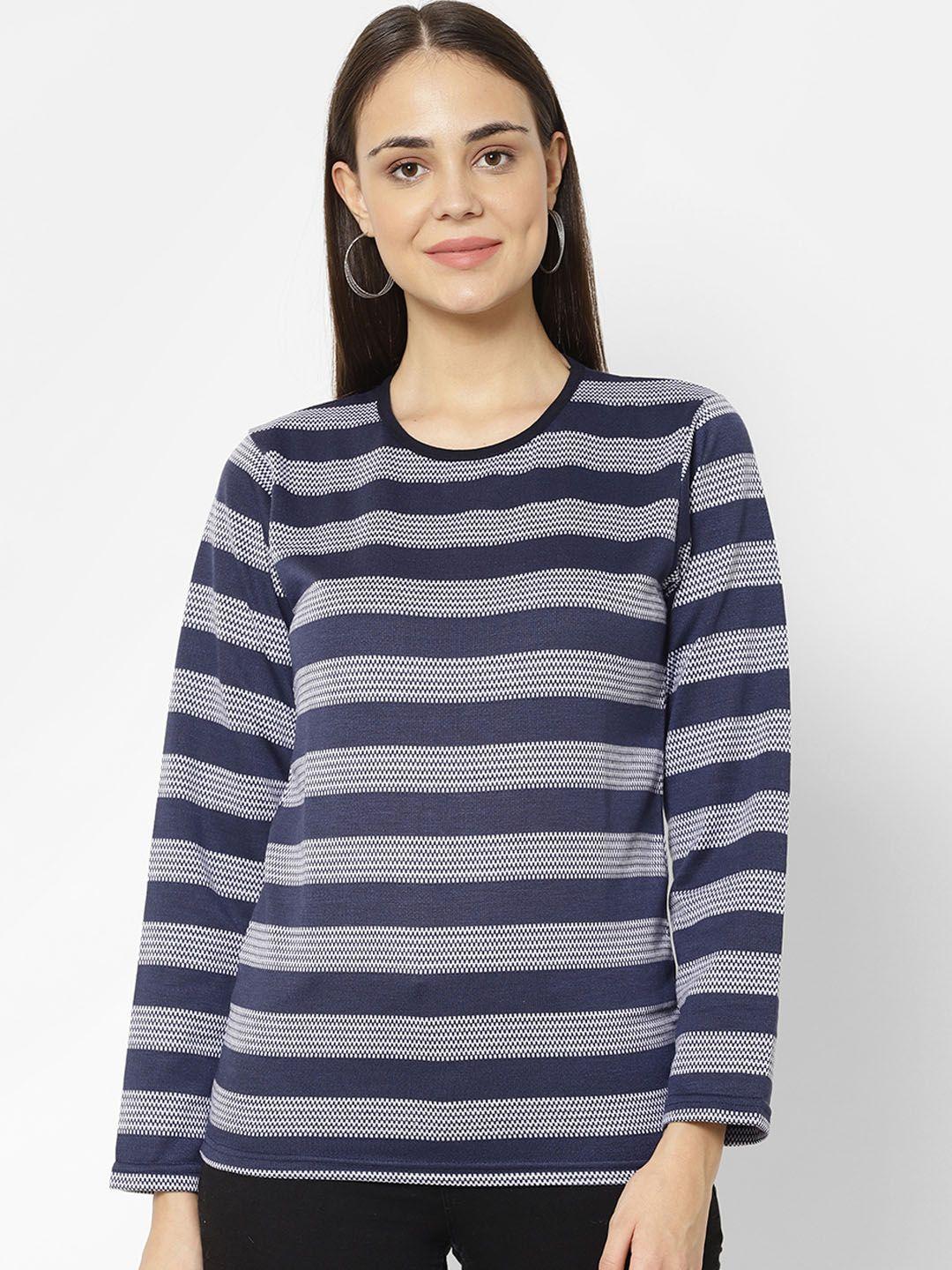 vimal jonney women navy blue & white striped round neck t-shirt