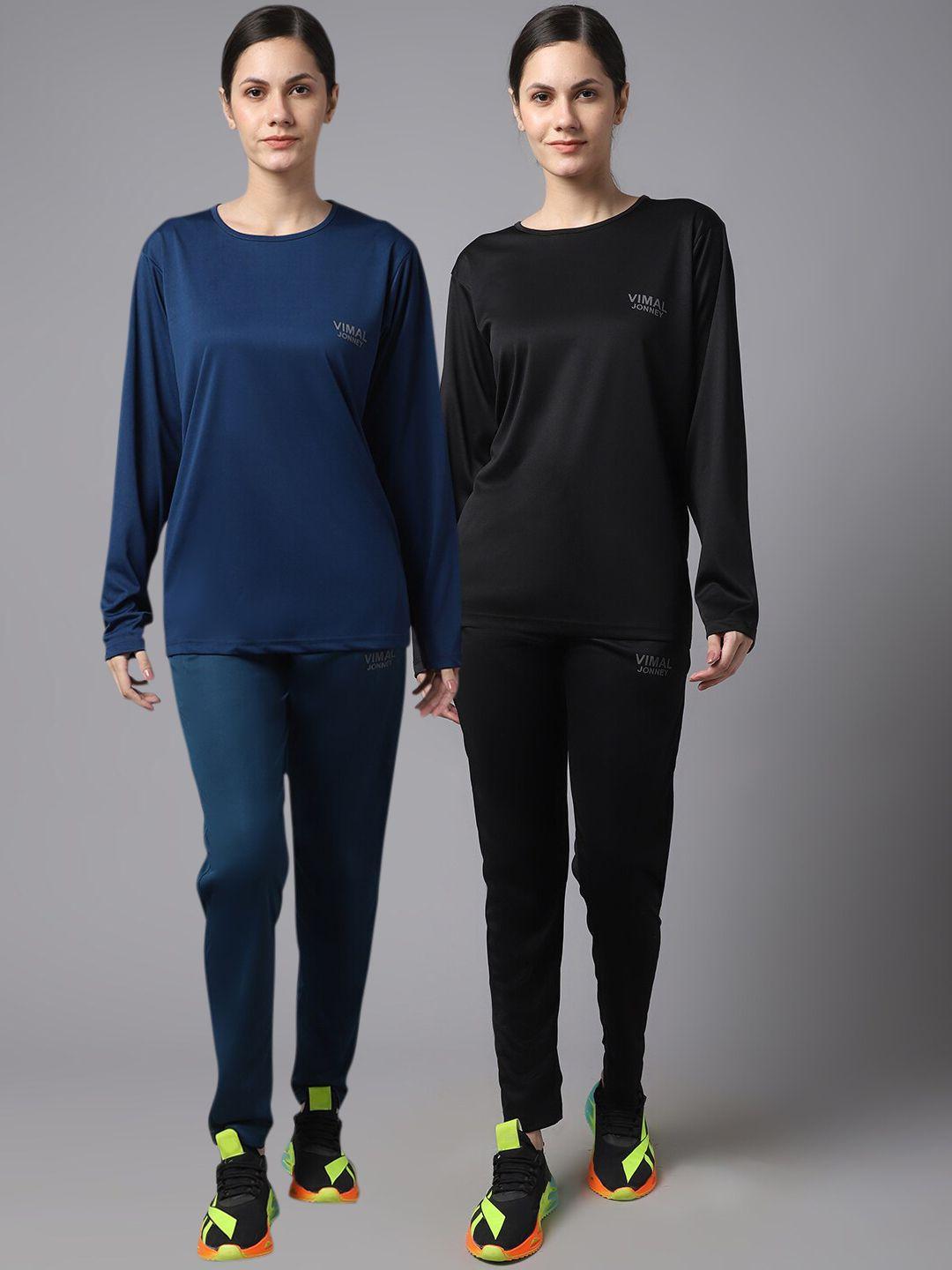 vimal jonney women pack of 2 blue & black solid dry-fit tracksuits