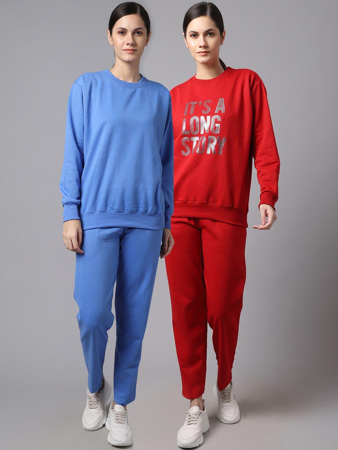 vimal jonney women pack of 2 blue & red printed fleece tracksuits