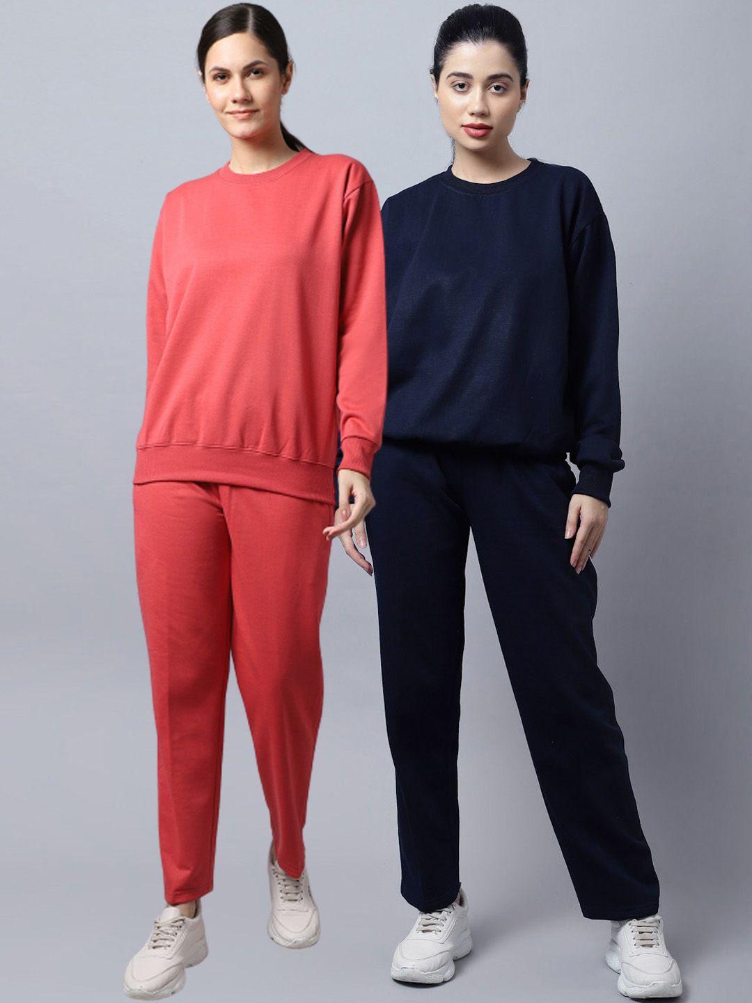 vimal jonney women pack of 2 coral & navy blue fleece tracksuits