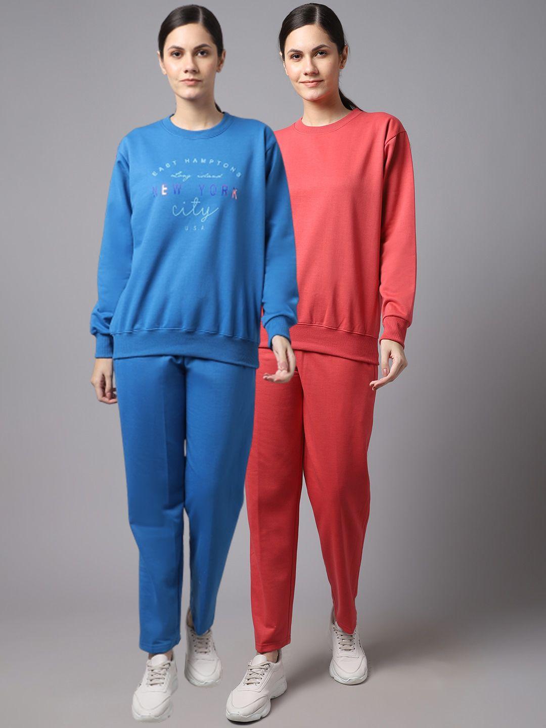 vimal jonney women pack of 2 coral and blue printed fleece tracksuits