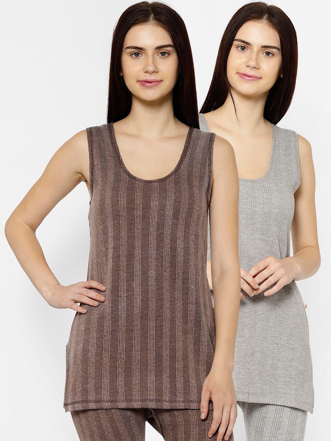 vimal jonney women pack of 2 grey & brown striped thermal tops