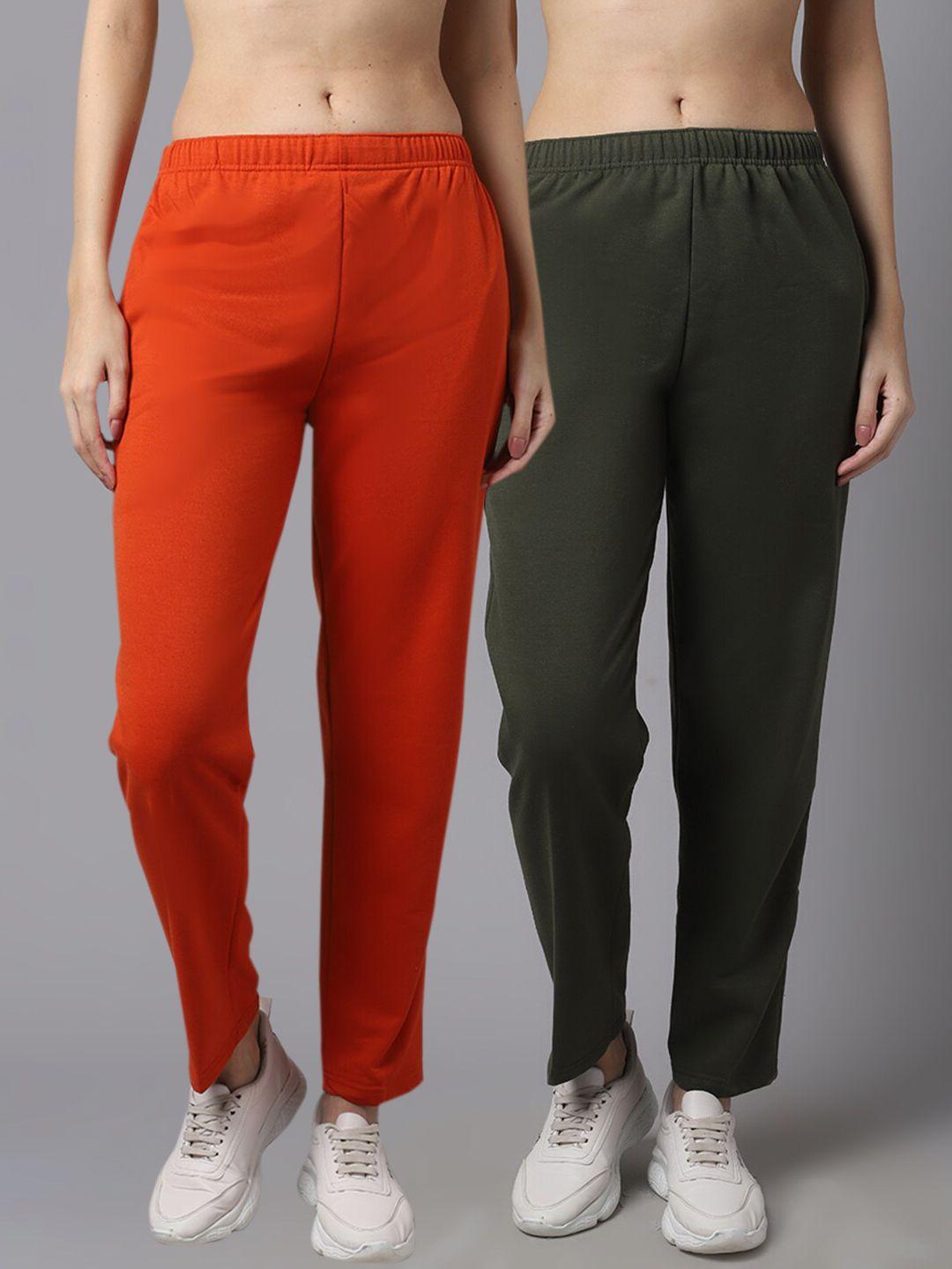 vimal jonney women pack of 2 orange & olive green solid pure cotton track pants