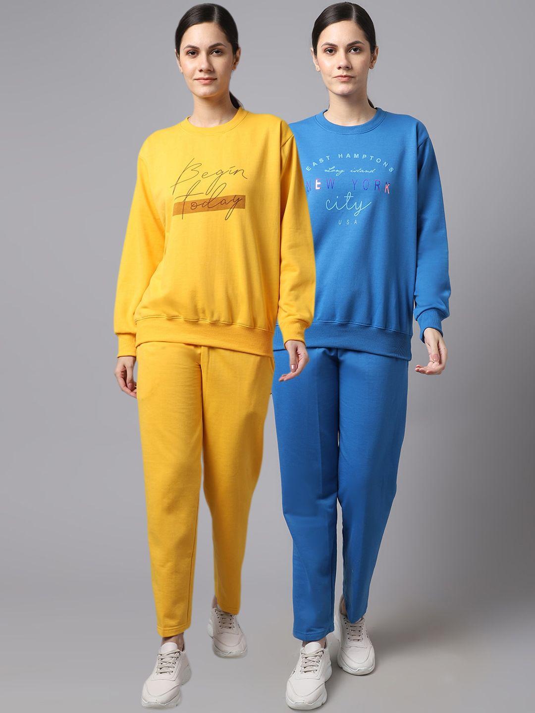 vimal jonney women pack of 2 yellow & blue printed fleece tracksuits