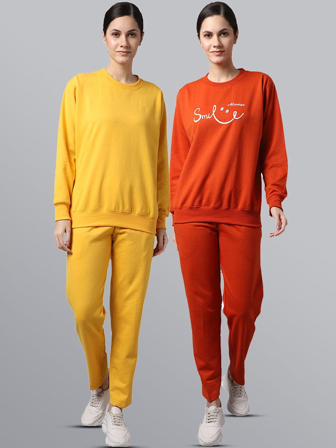 vimal jonney women pack of 2 yellow & orange printed  fleece tracksuits