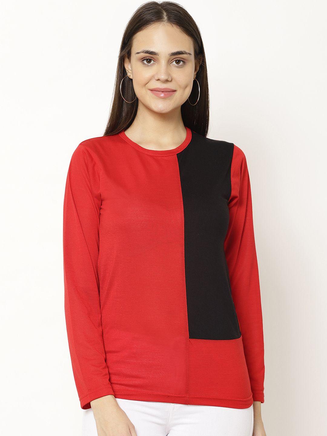 vimal jonney women red & black colourblocked round neck t-shirt
