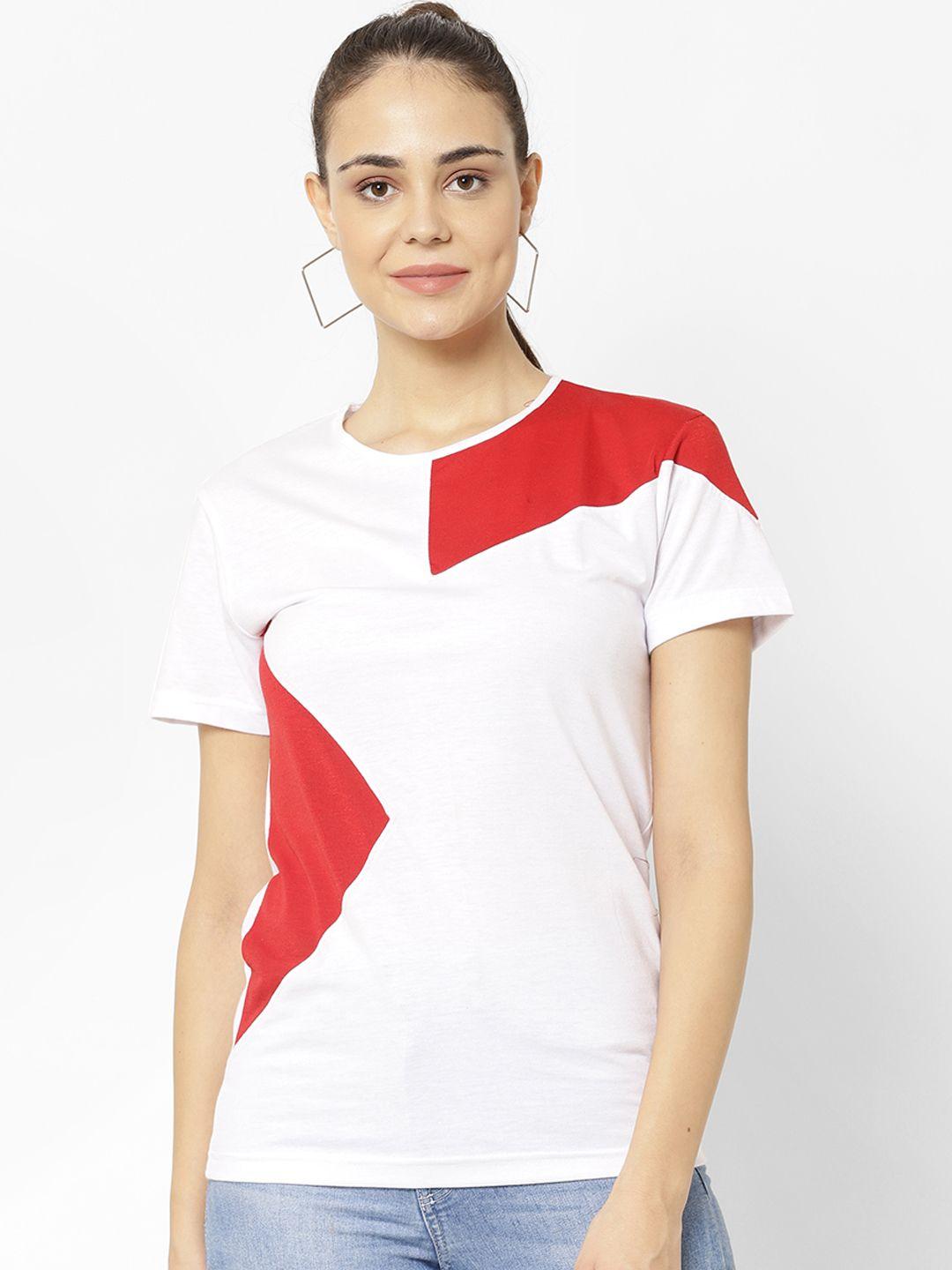 vimal jonney women white & red colourblocked round neck t-shirt