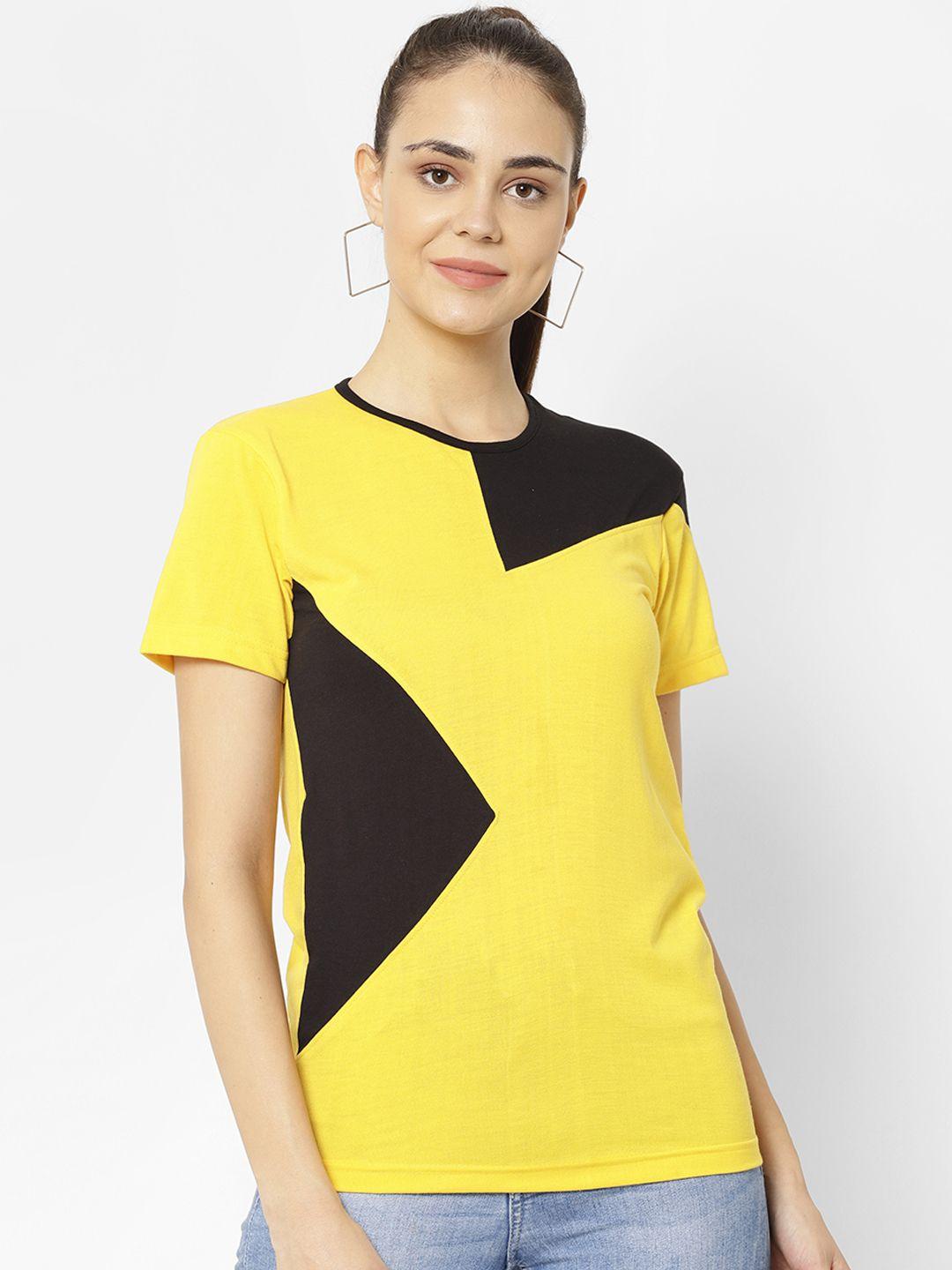vimal jonney women yellow & black colourblocked round neck t-shirt