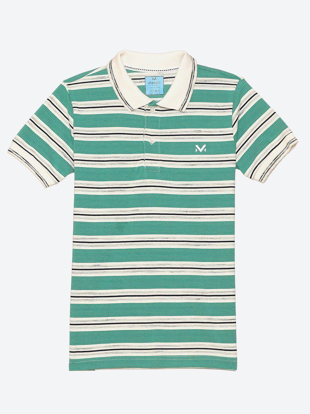 vinenzia boys green & cream-coloured striped polo collar t-shirt