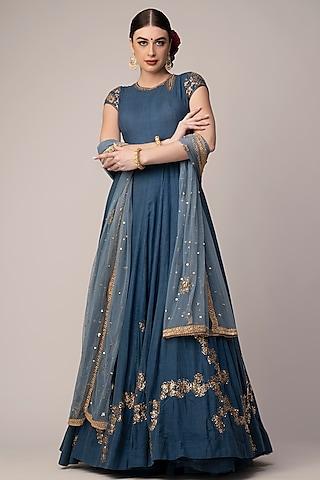 vintage blue embroidered anarkali set