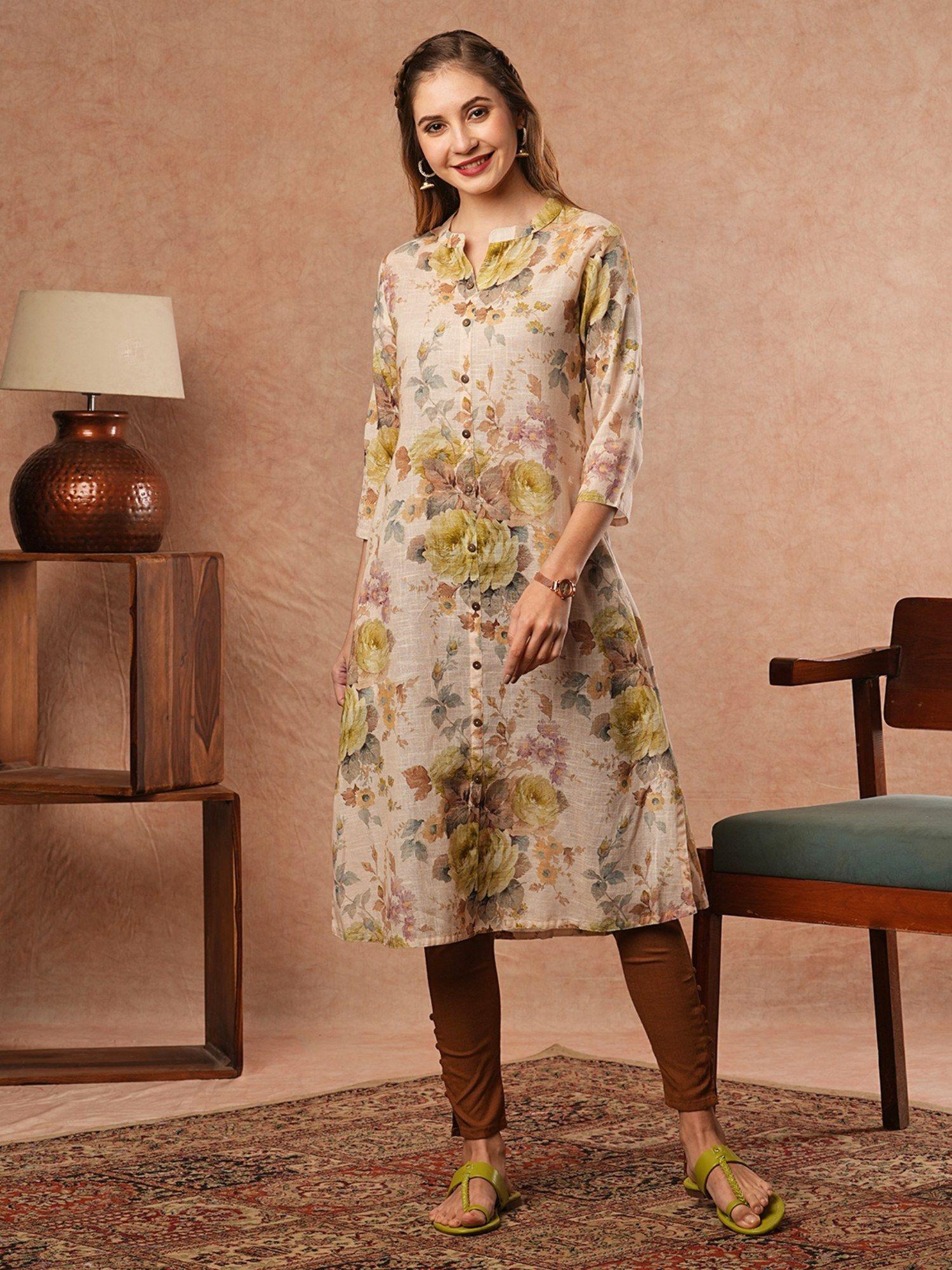 vintage floral printed a-line kurta - beige