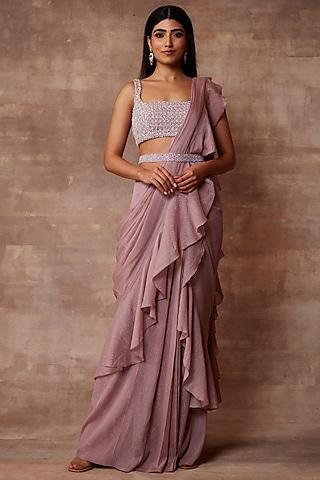 vintage plum chiffon pre-stitched saree set