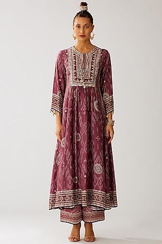 vintage rose silk printed anarkali set