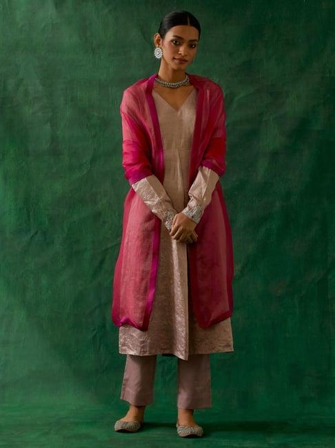 vinusto embroidered zari silk anarkali, cotton glaze pants and katan silk dupatta in pink