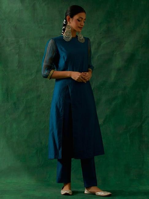 vinusto high slit kurta with embroidered lace and pants in teal blue chanderi handloom