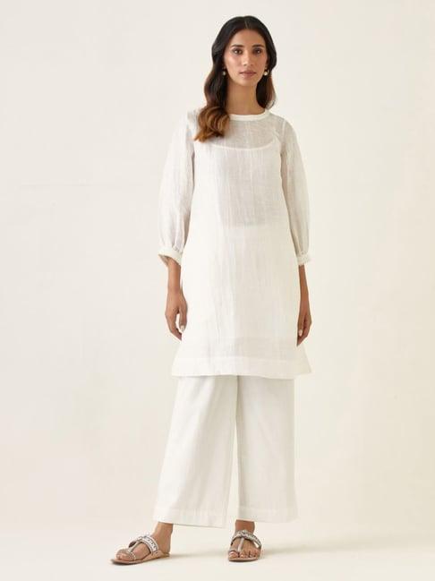 vinusto white summer nostalgia kurta with cami and pant