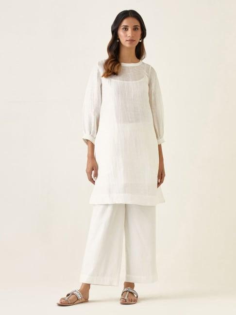 vinusto white summer nostalgia kurta with pant and dupatta with slip