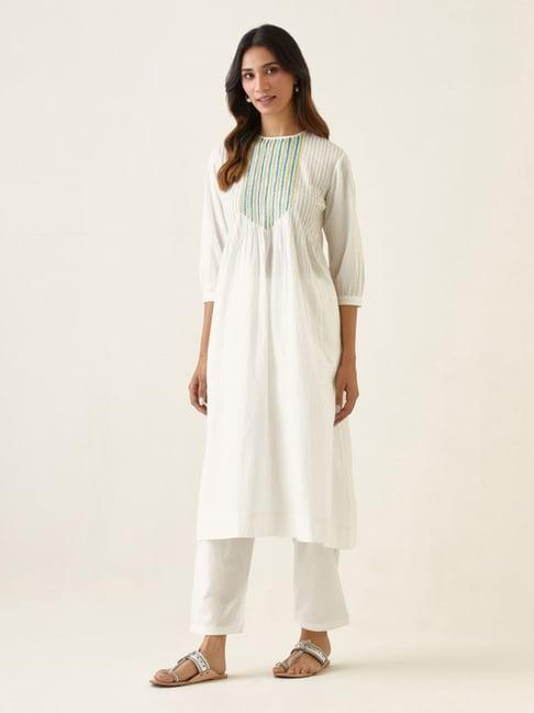 vinusto white summer nostalgia kurta with pant