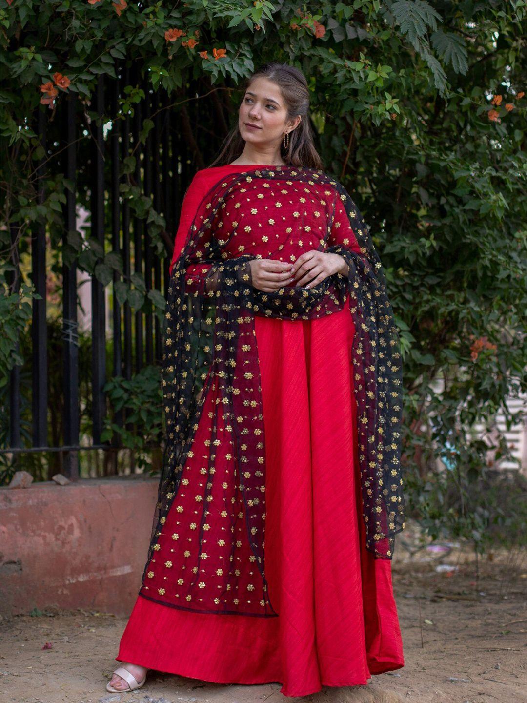 vinya raw silk fit and flare maxi ethnic dress with dupatta