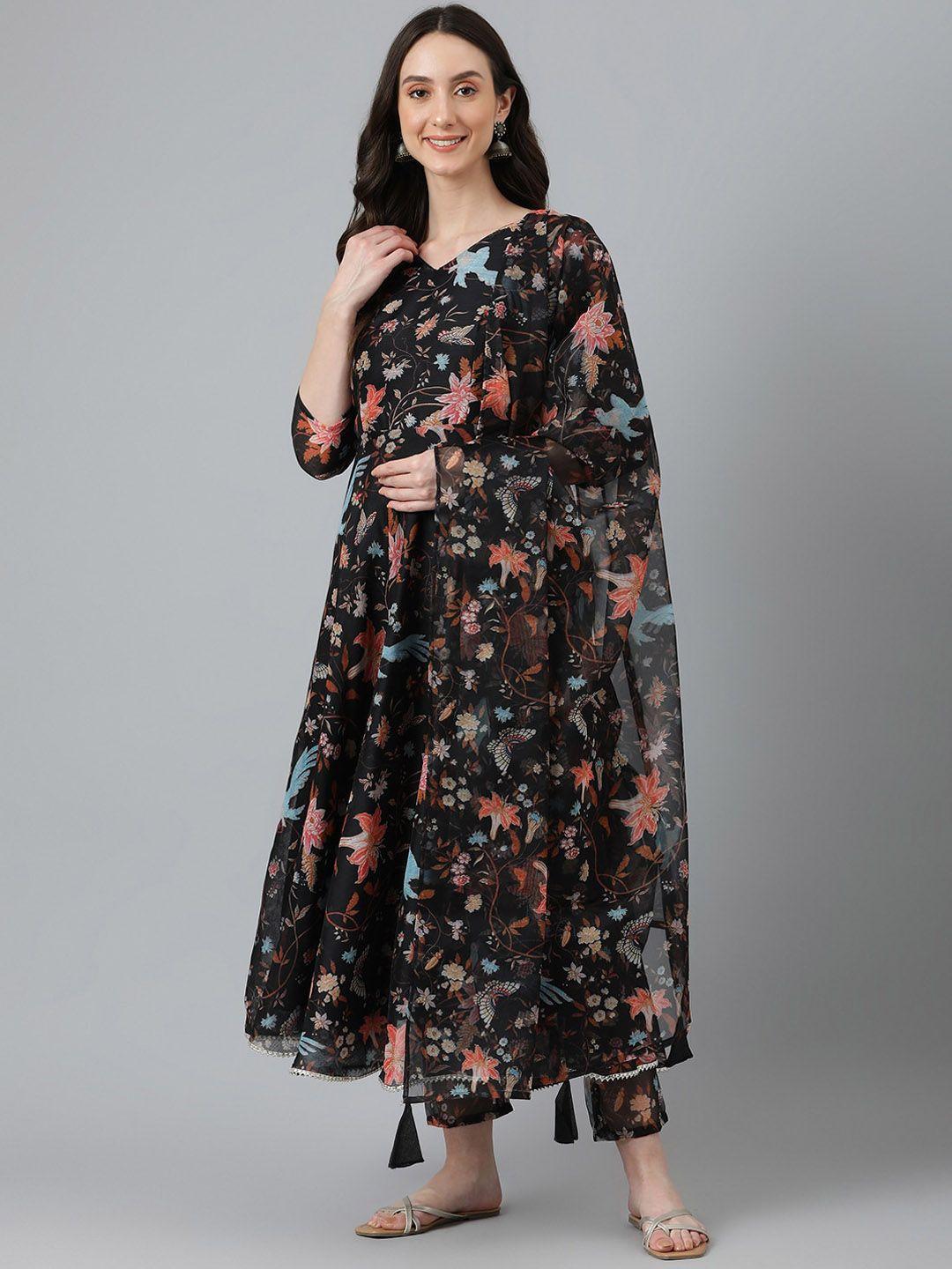 vinya women black floral printed empire chanderi cotton kurta with trousers & with dupatta