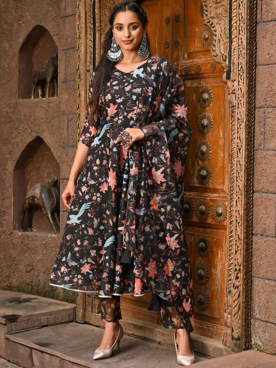 vinya women floral printed empire chanderi cotton kurta with trousers & with dupatta