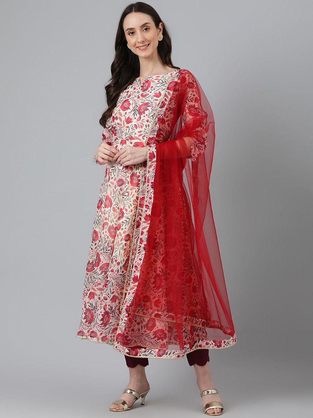 vinya women red floral printed empire gotta patti chanderi cotton kurta with trousers & with dupatta