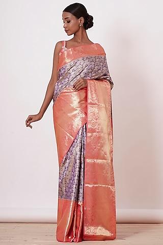 violet embroidered handwoven saree set