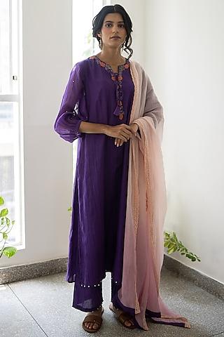 violet embroidered kurta set