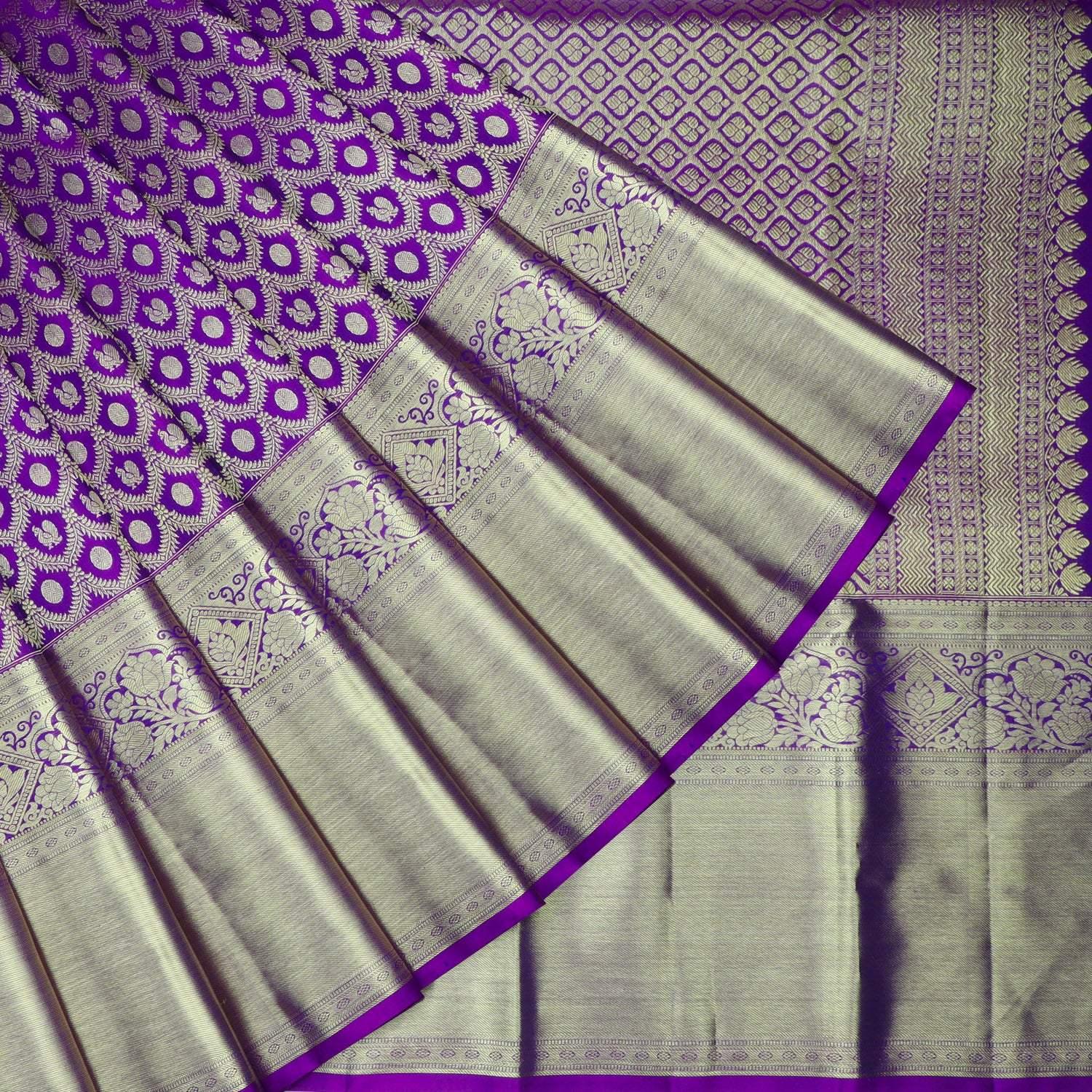 violet kanjivaram silk saree with floral pattern