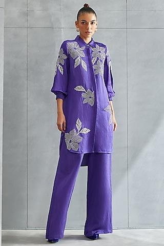 violet linen satin embellished boxy tunic
