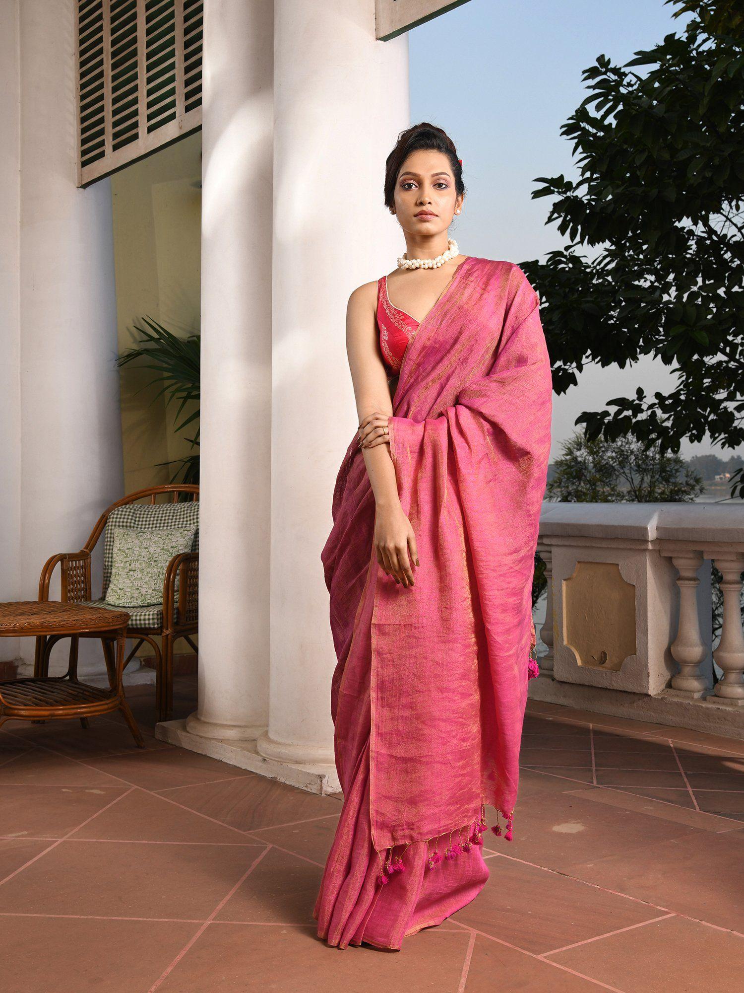 violet & pink zari linen dry half and half handwoven saree with unstitched blouse