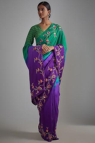 violet & turquoise ombre silk embroidered saree set