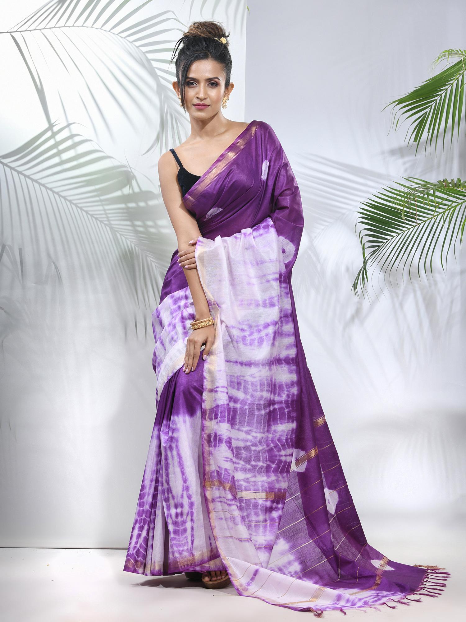 violet and white shibori printed silk saree with unstitched blouse