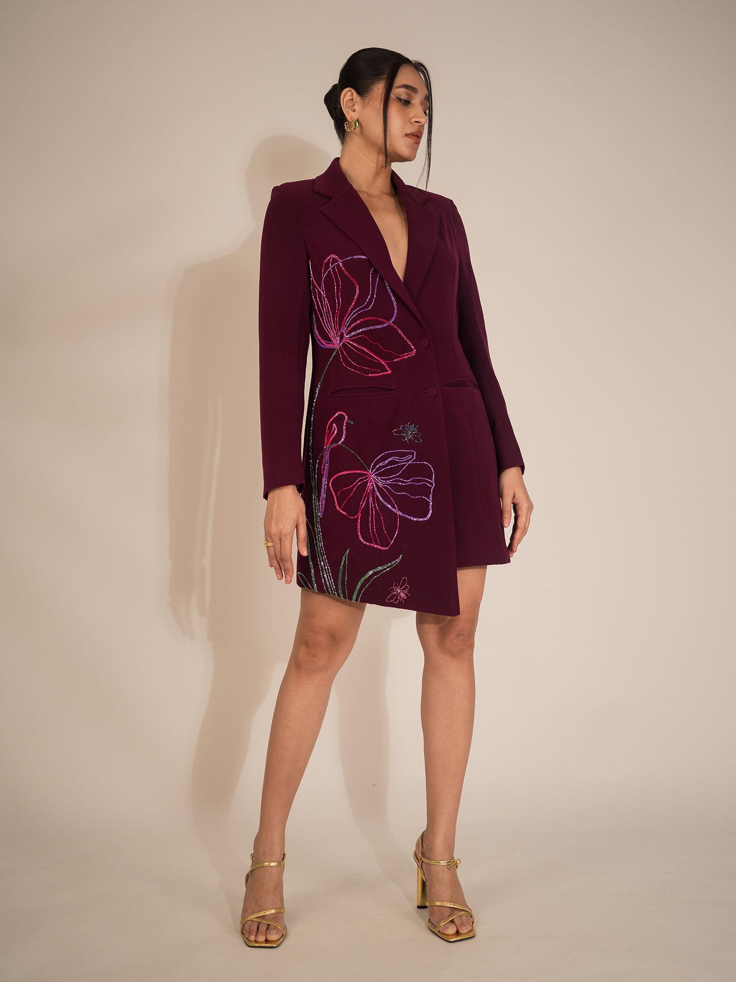 violet asymmetrical blazer dress