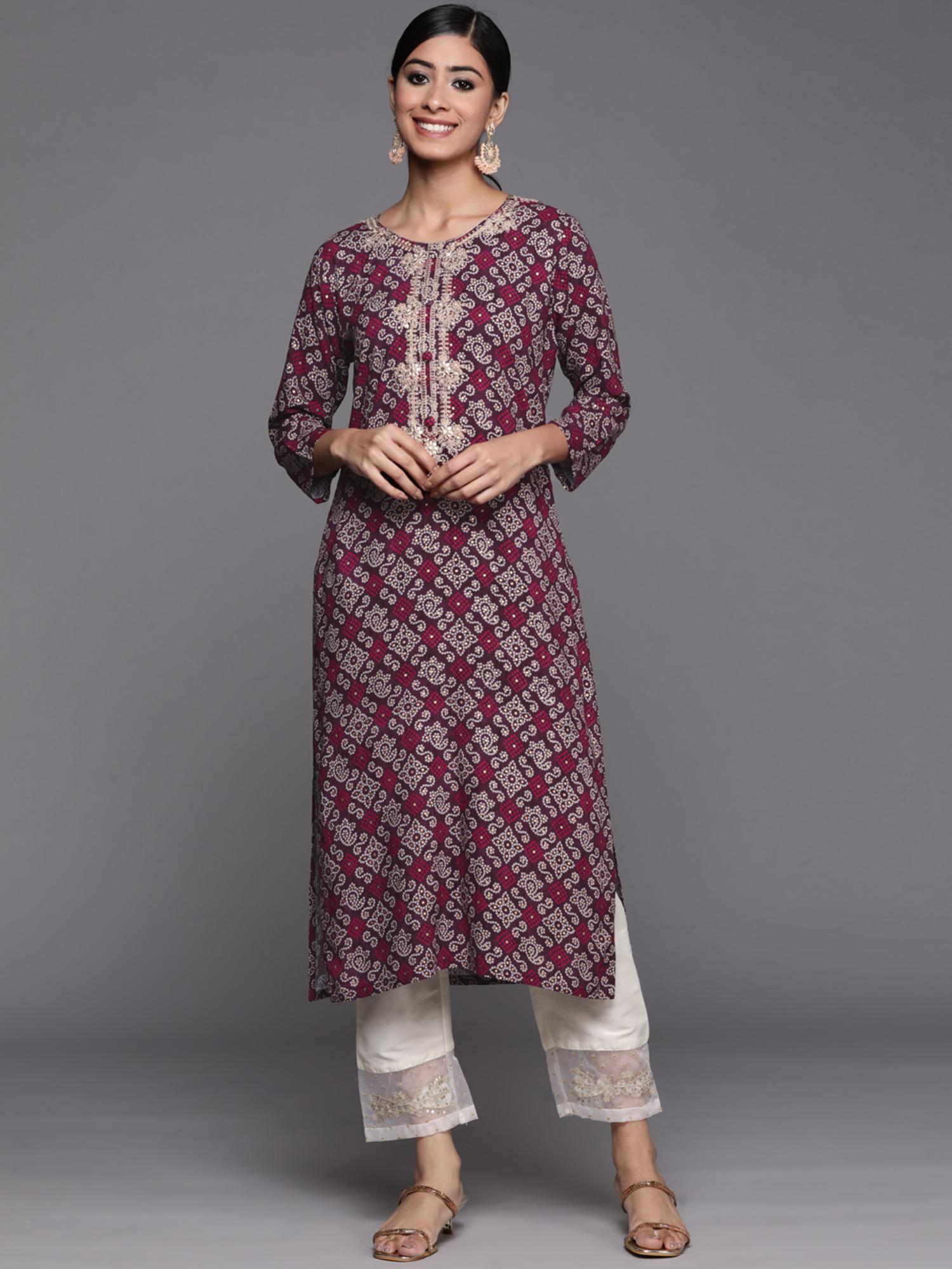 violet bandhani printed kurta with embroidered yoke