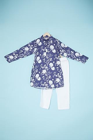 violet blue cotton floral printed kurta set for boys