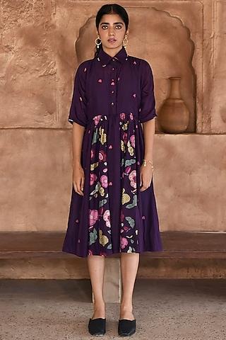 violet chanderi printed shirt dress