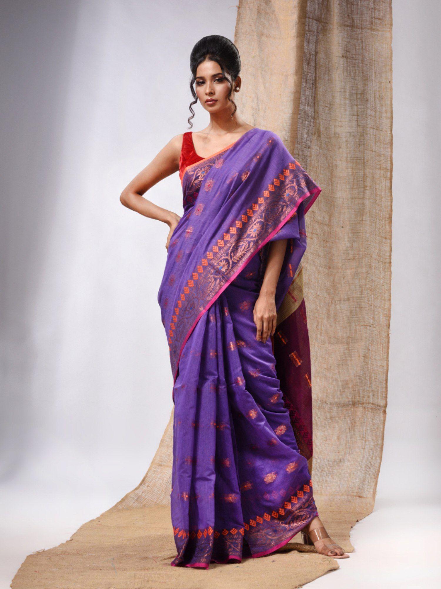 violet cotton silk handwoven saree with floral borders & unstitched blouse