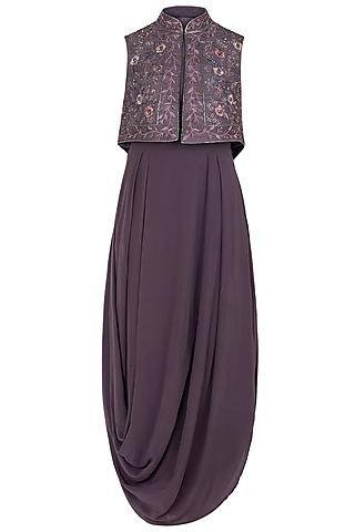 violet cowl gown with embroidered jacket