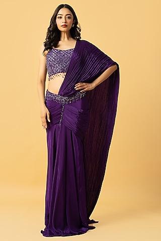violet crepe pre-stitched saree set