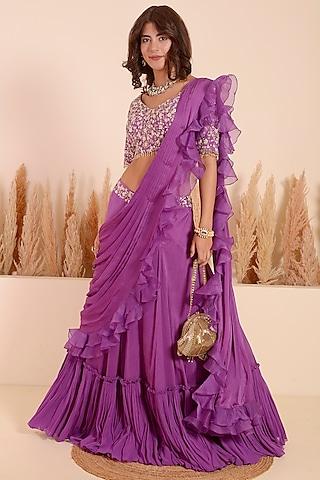 violet crepe ruffled draped saree set