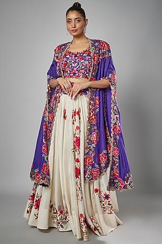 violet dupion embroidered cape set