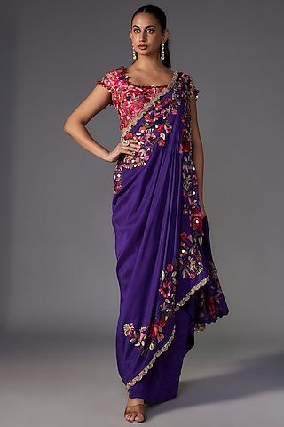 violet dupion thread embroidered draped saree set