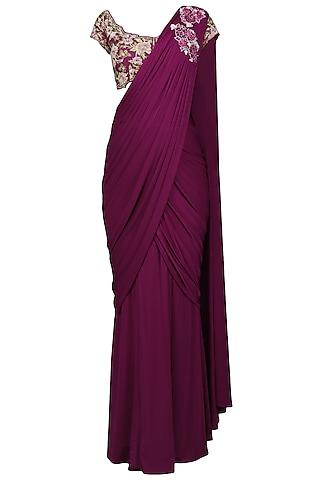 violet embroiderd drape saree with blouse