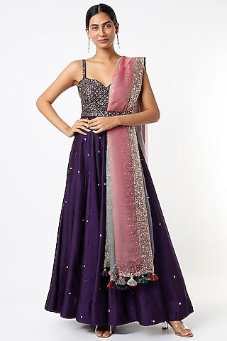 violet embroidered anarkali set